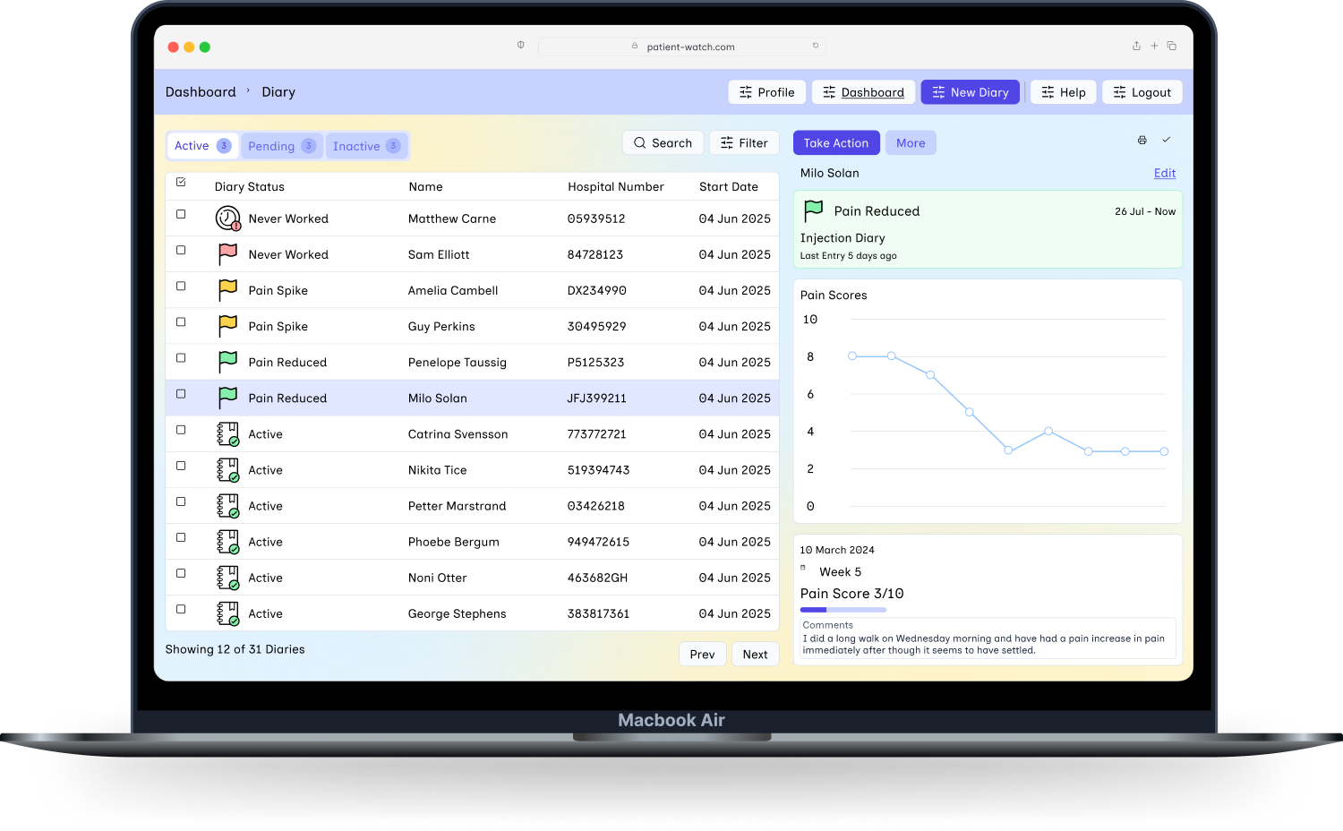 Digital pain diary interface on desktop and mobile showing a visual analogue scale